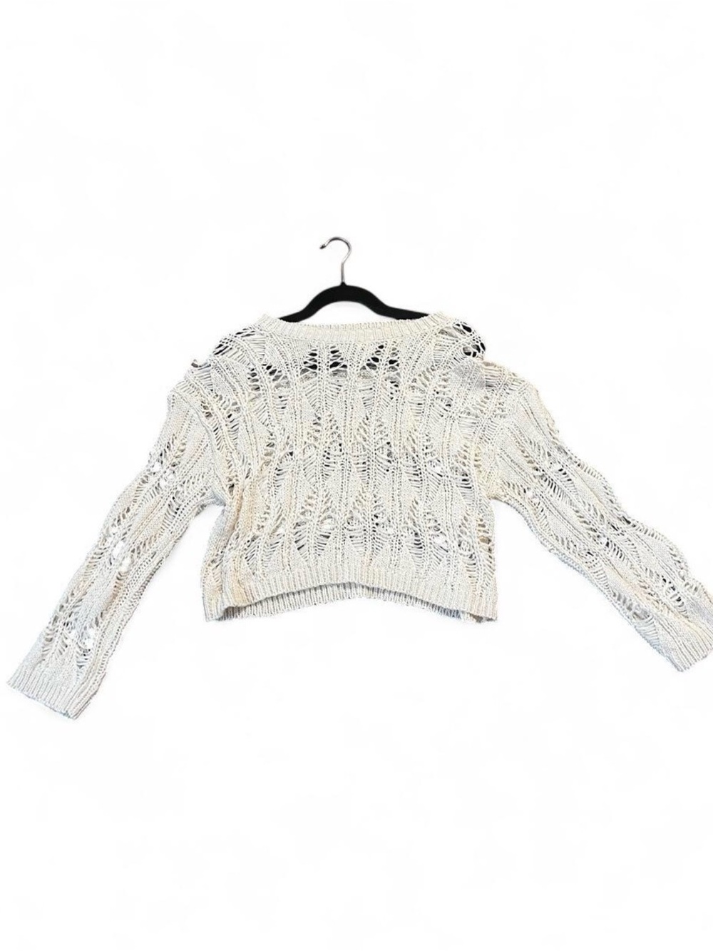 Open-Knit Cream Cropped Crewneck Sweater